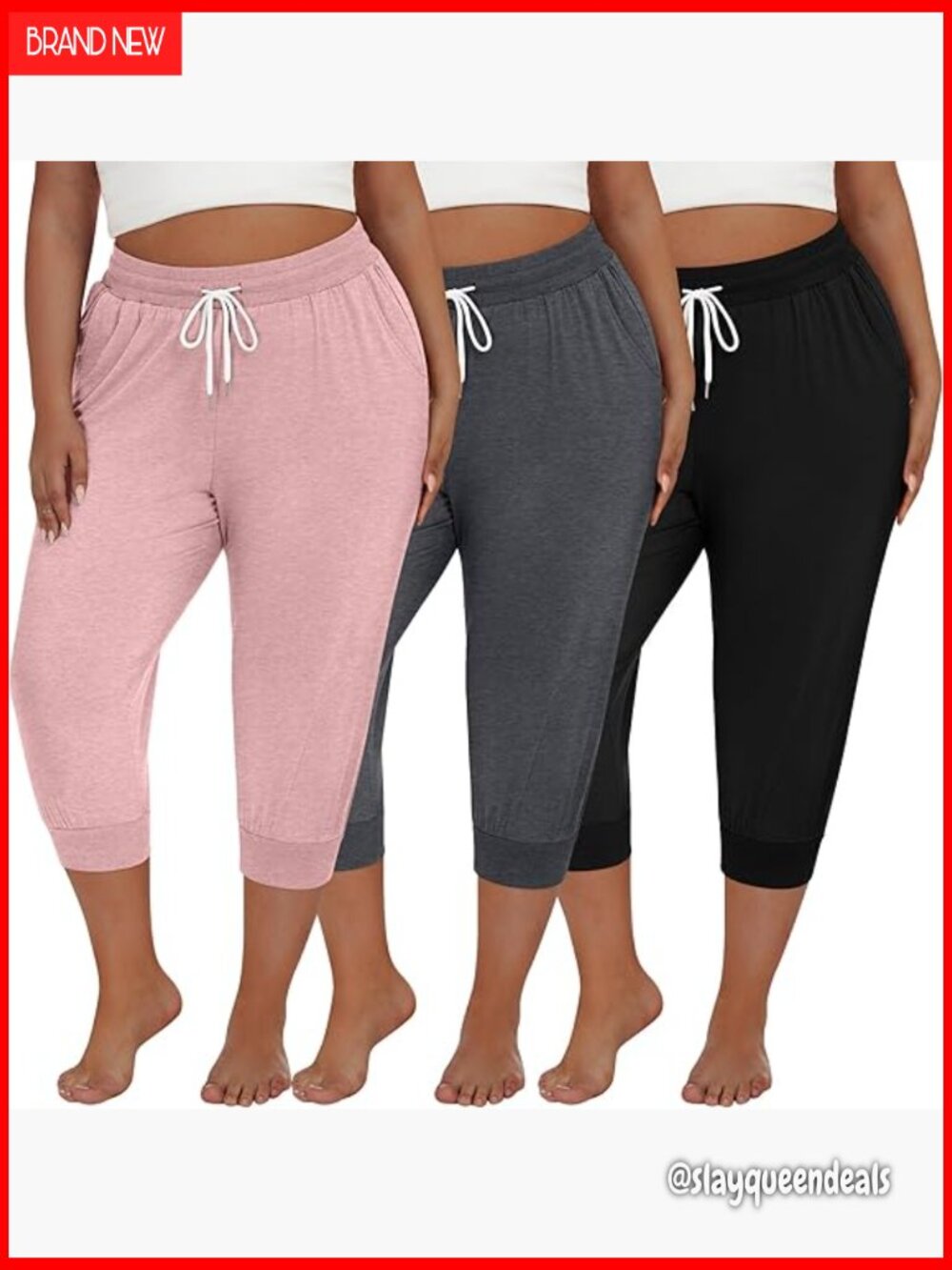 Plus Size Capris 3 Pack Cotton Lounge Yoga Pants Drawstring with Pockets
